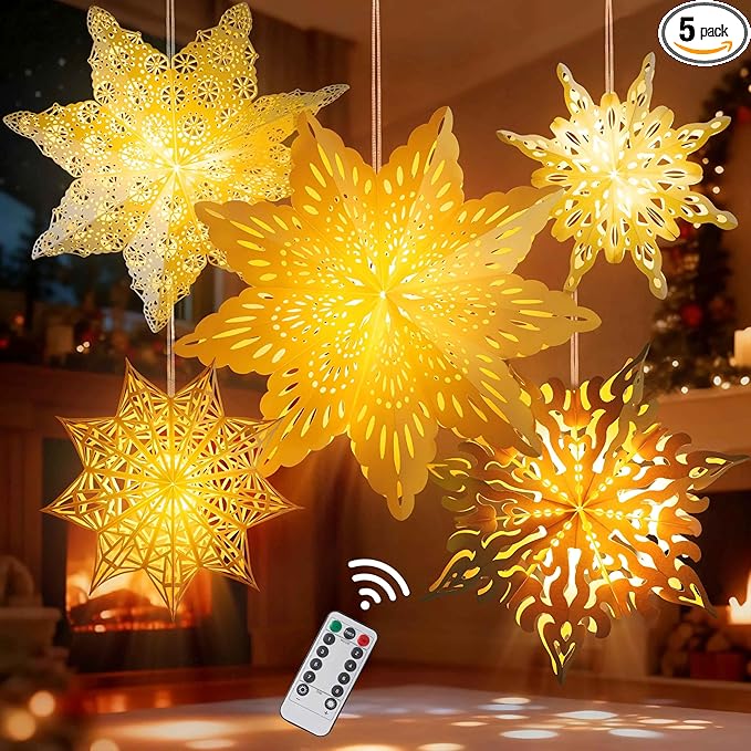 5Pcs Christmas Paper Snowflake Lanterns, Large Christmas Paper Star Lanterns with LED Lights White Beige Khaki Hanging Snowflake Lamps for Xmas Winter Frozen Wedding Birthday Holiday Party Decorations