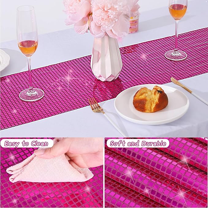 Durony 2 Pack Disco Table Runner 11 x 108 Inch Mirror Hot Pink Glitter Foil With Sparkle Sequin for Bachelorette, 70s, Cowgirl Party Decorations