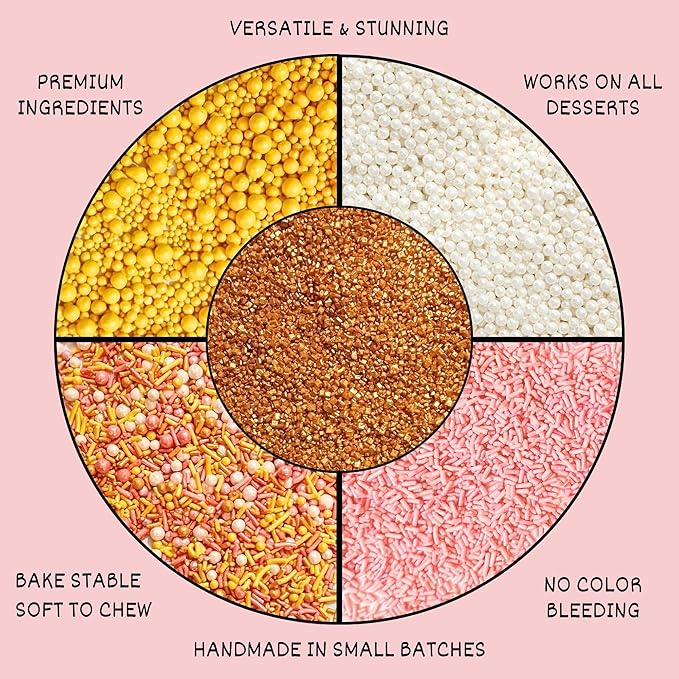Confect Sprinkles – 5 Pack Assorted Cake Decorating Mix (Yellow & Pearl Dragees, Hot Pink Jimmies, Sparkling Gold Sugar) – Celebration Spring & Summer Sprinkles - Festive Toppings for Cakes, Cupcakes, Cookies, Birthday Parties – Vegan, Gluten-Free, Nut...
