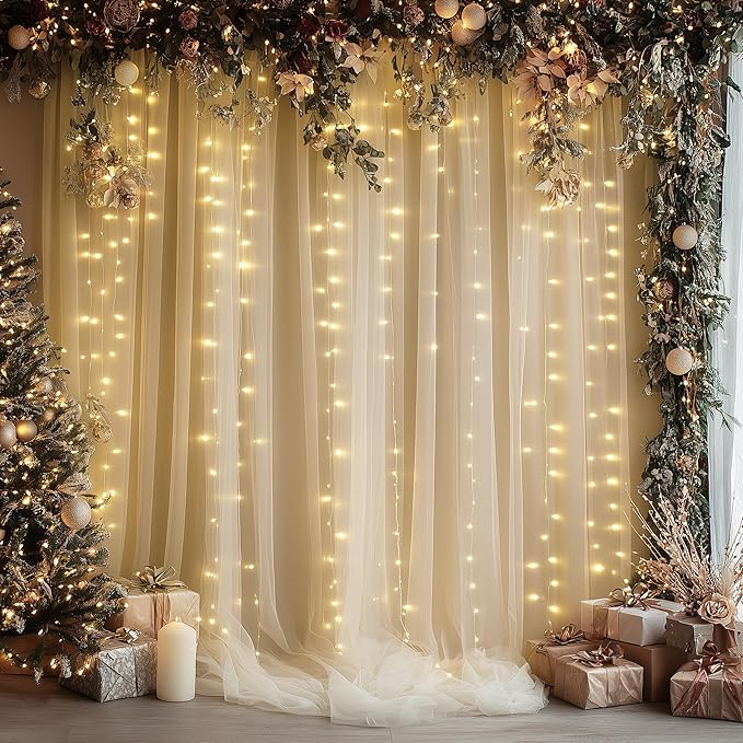 Tulle Backdrop Curtain with Lights String 30 X 8FT Champagne Sheer Tulle Backdrop Curtains for Wedding Birthday Party Reception Photo Booth Background Decorations (6 Panels 5x8FT)