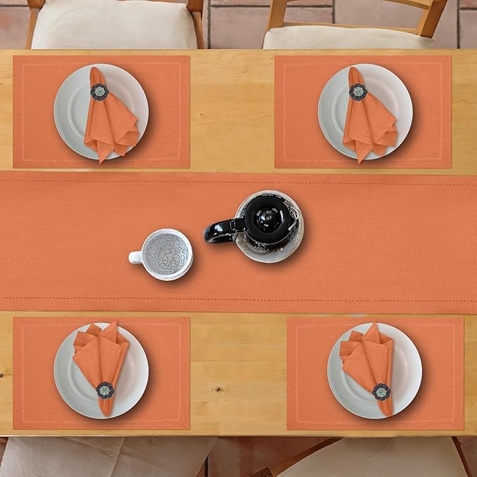 Ruvanti Linen Table Runner 60 Inches, Classic Hemstitch, Washable, Reusable, Non-Slipping, Stain Resistant- Perfect for Parties, Weddings, Dinners, Thanksgiving, Christmas, Indoor use – Orange