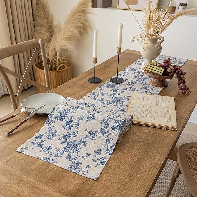 Pastoral Table Runner - 14 x 72 Inch Rectangle - Beige Linen - Washable Tabletop with Dust-Proof Wrinkle Resistant for Restaurant, Picnic, Indoor and Outdoor Dining, Floral (Dark Blue)