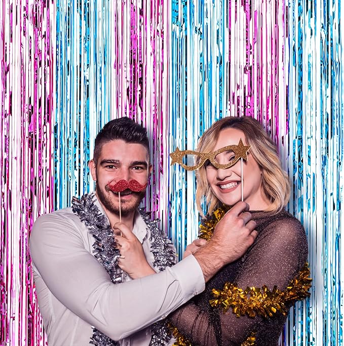 4 Pack 3.3x8.2 Feet Blue and Pink Foil Fringe Backdrop Curtains, Tinsel Streamers Birthday Party Decorations, Fringe Backdrop for Graduation, Baby Shower, Gender Reveal, Disco Party
