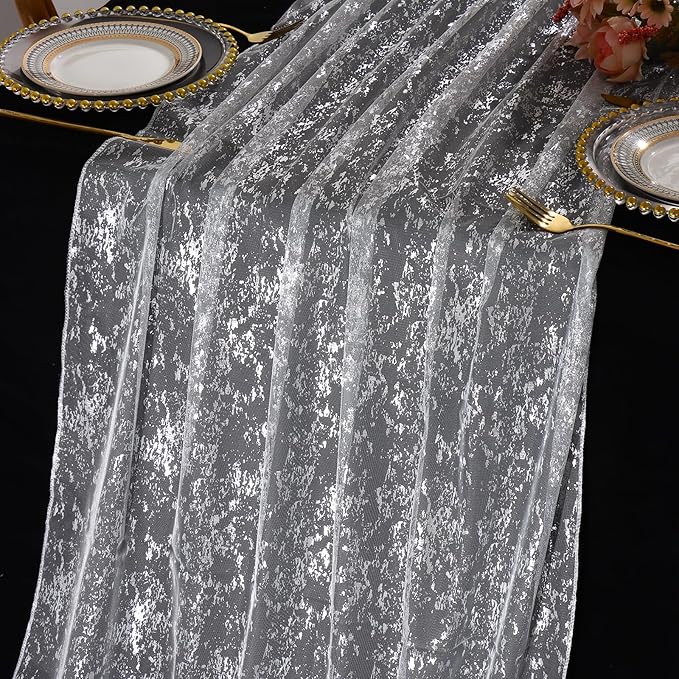 LOMOHOO 10 Ft Silver Table Runner, Silver Sheer Sequin Table Runners 120 Inches Long Glitter Metallic Foil Lace Fabric Table Decor for Birthday Party Wedding Anniversary Centerpiece (4pcs)