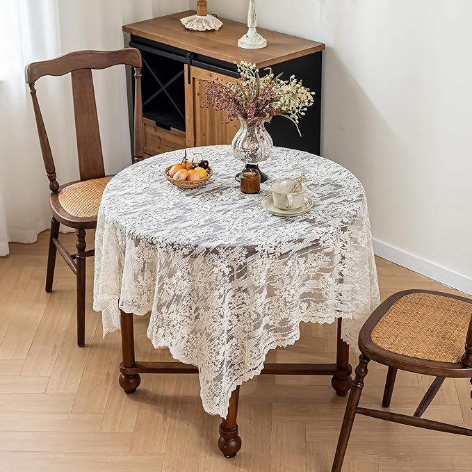 Lace Embroidered Tablecloth. Square Lace Vintage Tablecloth Dustproof Table Protector for Kitchen Dining Room Party Banquet Home Picnic Wedding Decoration (Creamy White 43×43 inch)