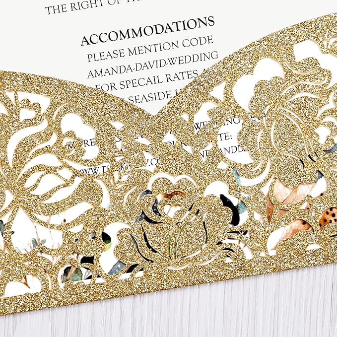 DORIS HOME 50pcs Laser Cut Wedding Invitations with Envelopes Gold Glitter, 4.7x7.1 Personalized Invitation Cards for Wedding, Anniversary Invitations with Envelopes