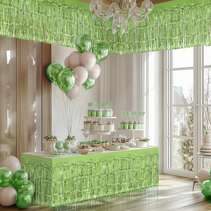 1 Pack Light Green Table Skirts, 29x108" Metallic Foil Tinsel Fringe Table Skirts for Rectangle Tables Streamer Curtains Backdrop, Party Decorations for Birthdays Weddings Holidays