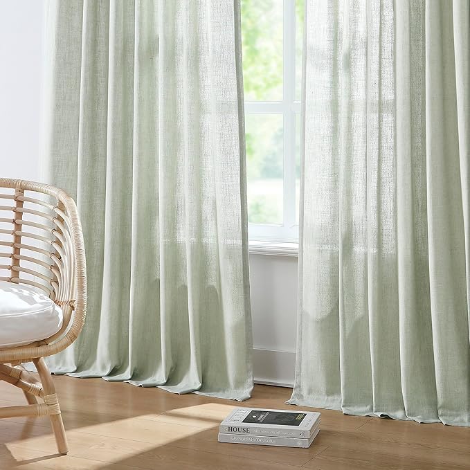 Vision Home Soft Green Pinch Pleated Semi Sheer Curtains Textured Linen Blended Light Filtering Window Curtains 95 inch for Living Room Bedroom Patio Pinch Pleat Drapes with Hooks 1 Panel 60" Wx95 L