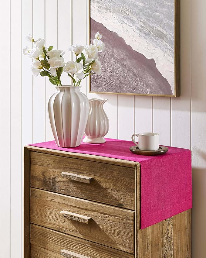 ZeeMart Linen Textured Border Table Runner, 14 x 36 Inch Hot Pink, Farmhouse Style Pink Table Runners 36 Inches Long, Easy Care Everyday Polyester Table Runner