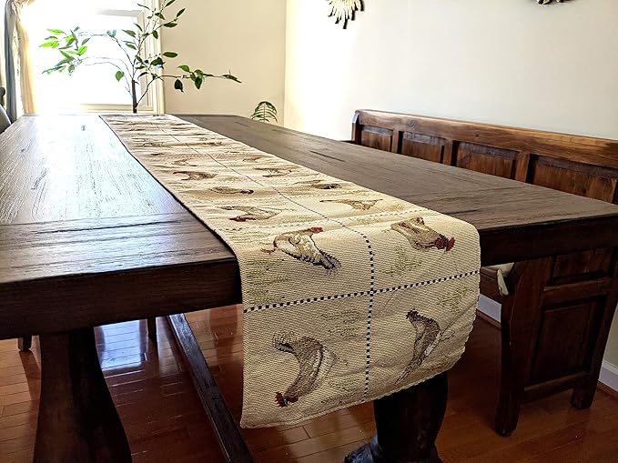 Tache Farmhouse Rooster Table Runner 90 inches Long Country Hens Chickens Antique Vintage Traditional Home Decorative Woven Tapestry Long Kitchen Dining Table Runners, 13x90