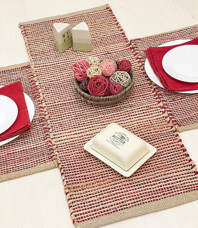 Chardin home Natural Jute Table Runner 13x36 Inch – Vintage Boho Rustic Table Decor – Handwoven Table Runner in Natural Jute and Red – Farmhouse Dining or Console Table Accent