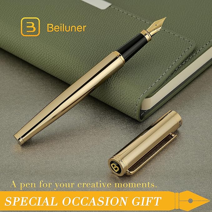 BEILUNER Gold Fountain Pen,Stunning Luxury Pens with 24K Gold Finish, Gorgeous 24K Gilded Nib(Fine), Trustworthy Pen Gift for Men&Women -Ink Converter-Elegant, Professional, Nice Pen for Writing