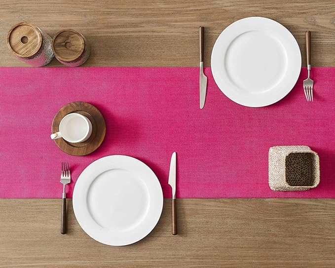 ZeeMart Linen Textured Border Table Runner, 14 x 36 Inch Hot Pink, Farmhouse Style Pink Table Runners 36 Inches Long, Easy Care Everyday Polyester Table Runner