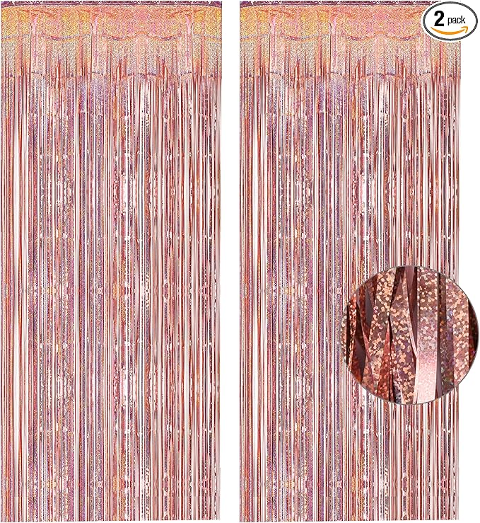 Rose Gold Tinsel Curtain Party Backdrop - GREATRIL Foil Fringe Curtain Streamers for Bachelorette Party Decorations Bride Be Party Streamers 2 Packs (Rose Gold)