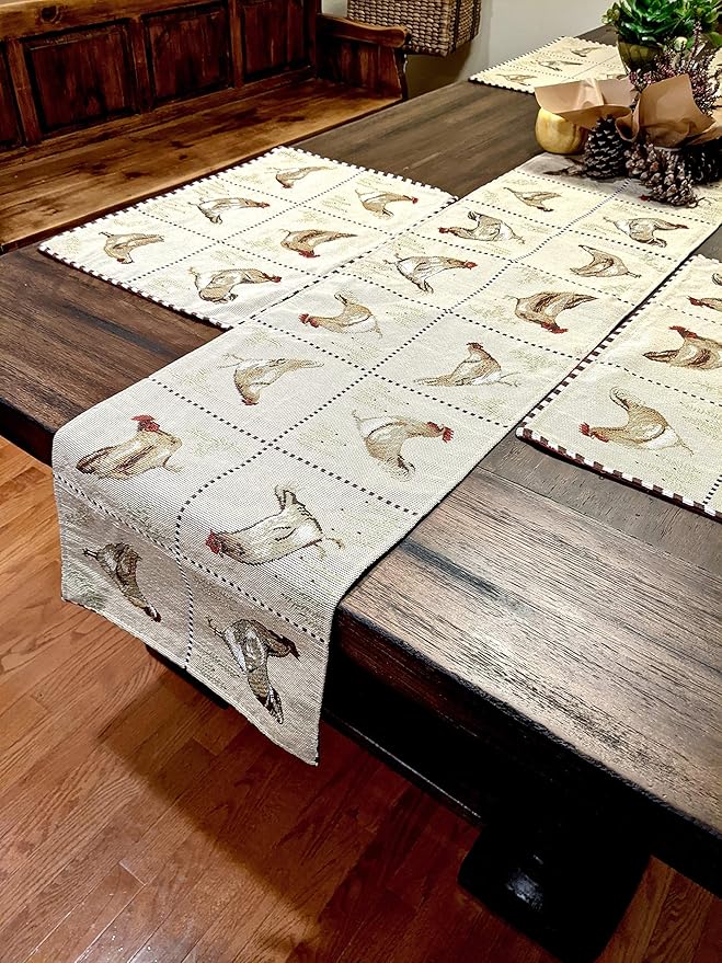 Tache Farmhouse Rooster Table Runner 90 inches Long Country Hens Chickens Antique Vintage Traditional Home Decorative Woven Tapestry Long Kitchen Dining Table Runners, 13x90