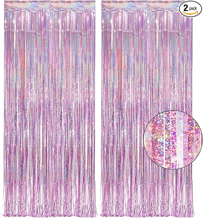 Pink Tinsel Curtain Party Backdrop - GREATRIL Foil Fringe Curtain Lilac Pink Party Streamers for Birthday Girl Princess Bachelorette Euphoria Taylor Themed Party Decorations - 2 Packs