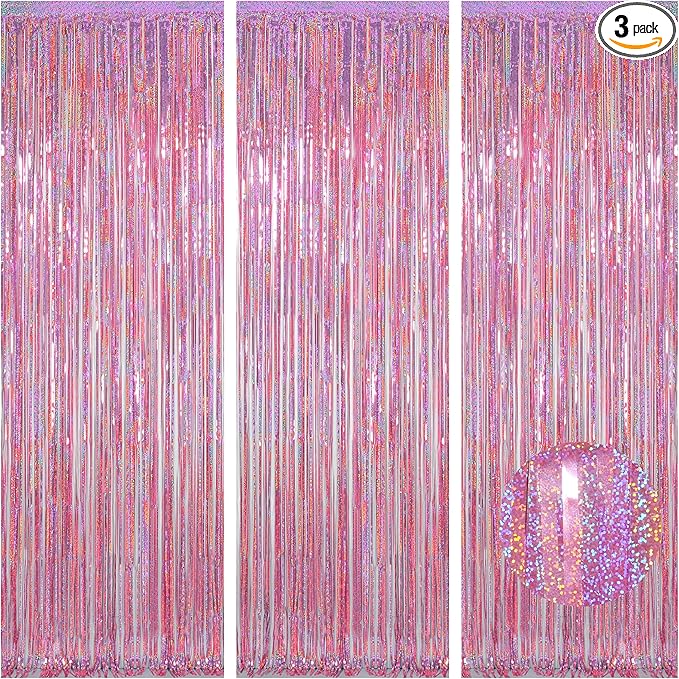 Melsan 3 Pack 3.2 x 8.2 ft Foil Fringe Curtains - Pink Tinsel Curtain Unicorn Birthday Hello Kitty Birthday Decorations Photo Backdrop for Party Decoration Engagement or Bachelorette Party Supplies