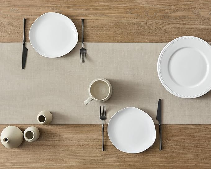 ZeeMart Linen Textured Border Table Runner, 14 x 108 Inch Natural, Farmhouse Style Neutral Table Runners 108 Inches Long, Easy Care Everyday Polyester Table Runner