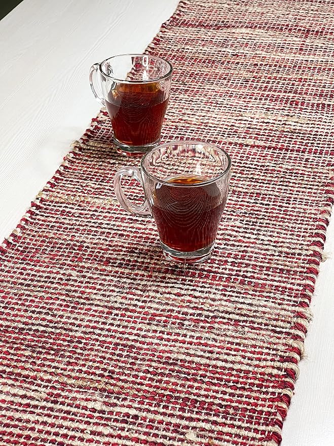 Chardin home Natural Jute Table Runner 13x108 Inch – Vintage Boho Rustic Table Decor – Handwoven Long Table Runner in Natural Jute and Red – Farmhouse Dining or Console Table Accent